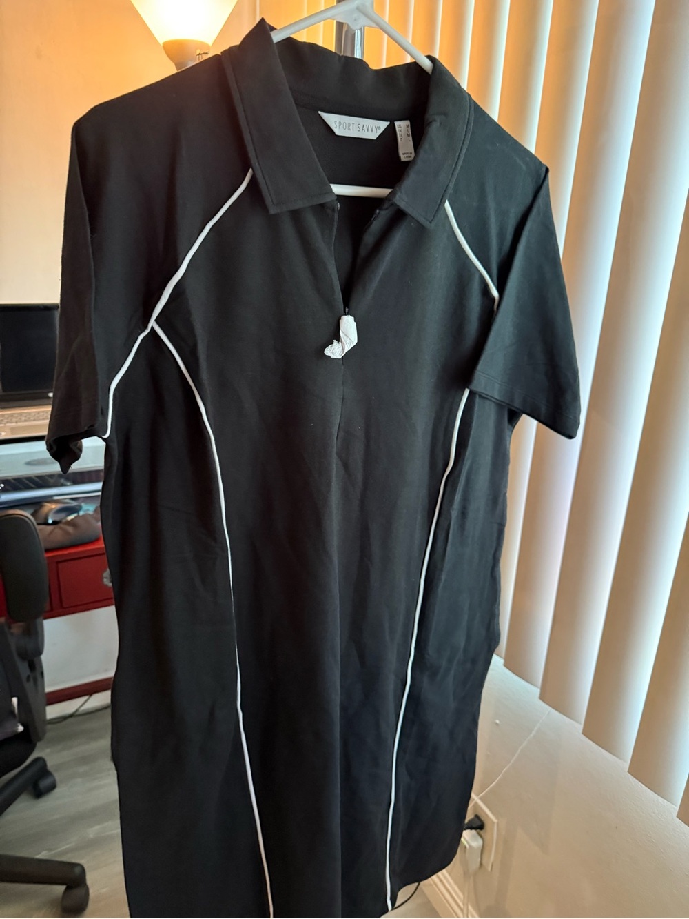 Women’s Black Polo Dress Shirt with White Piping